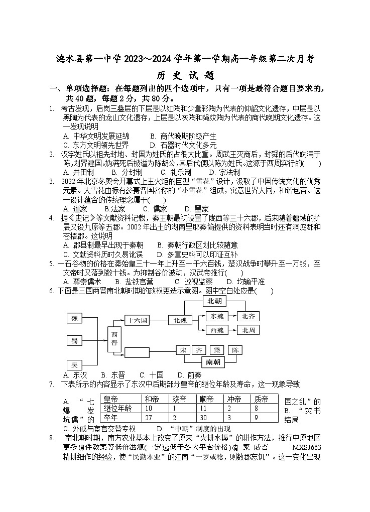 江苏省淮安市涟水县第一中学2023-2024学年高一上学期第二次月考历史试卷第1页
