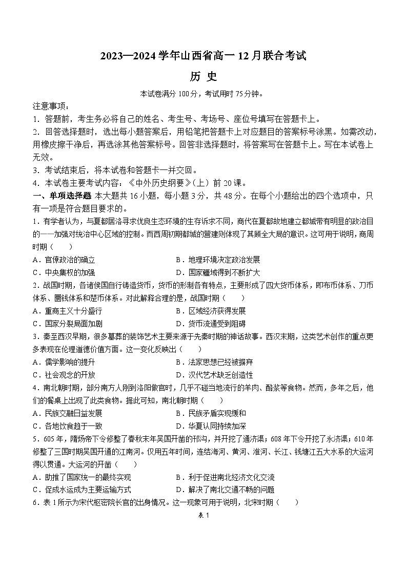 2024山西省高一上学期12月联合考试历史含答案第1页