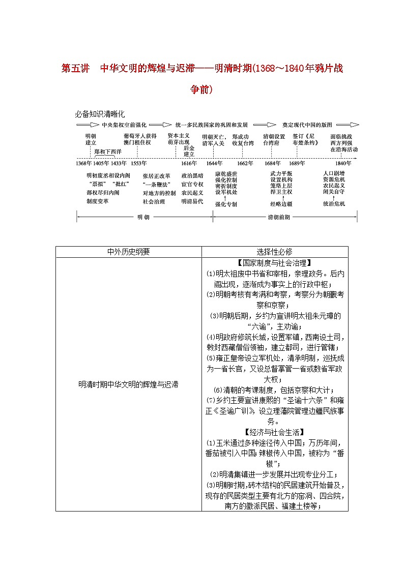 新教材通史版2024高考历史二轮专题复习第一部分第一编中国古代史步骤一第五讲中华文明的辉煌与迟滞__明清时期1368~1840年鸦片战争前教师用书第1页
