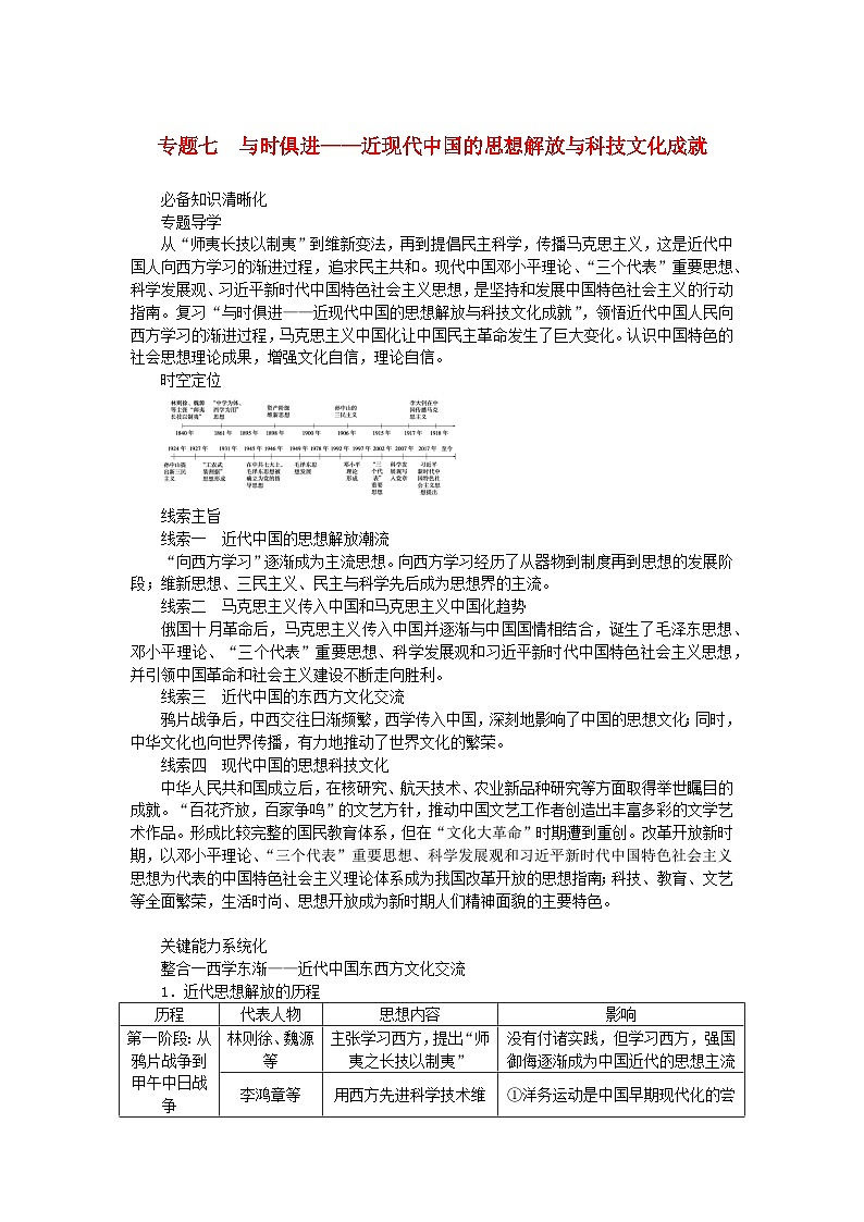 新教材专题版2024高考历史二轮专题复习第一部分第二编中国近现代史步骤一专题七与时俱进__近现代中国的思想解放与科技文化成就教师用书第1页