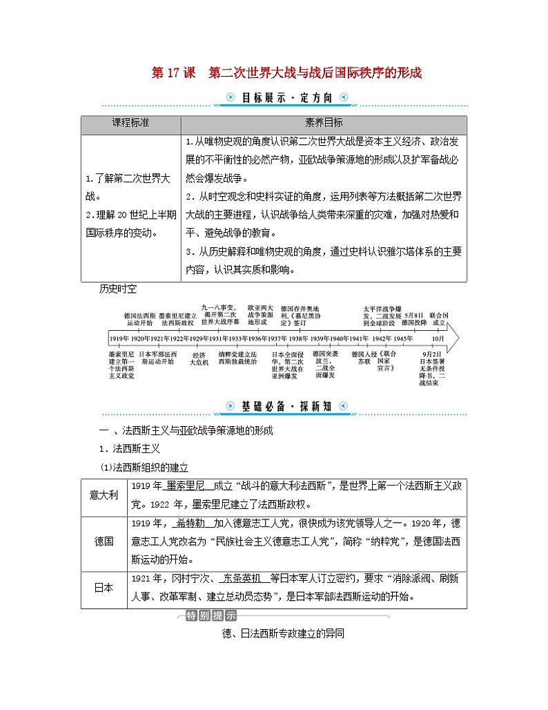 新教材适用2023_2024学年高中历史第7单元两次世界大战十月革命与国际秩序的演变第17课第二次世界大战与战后国际秩序的形成学案部编版必修中外历史纲要下第1页