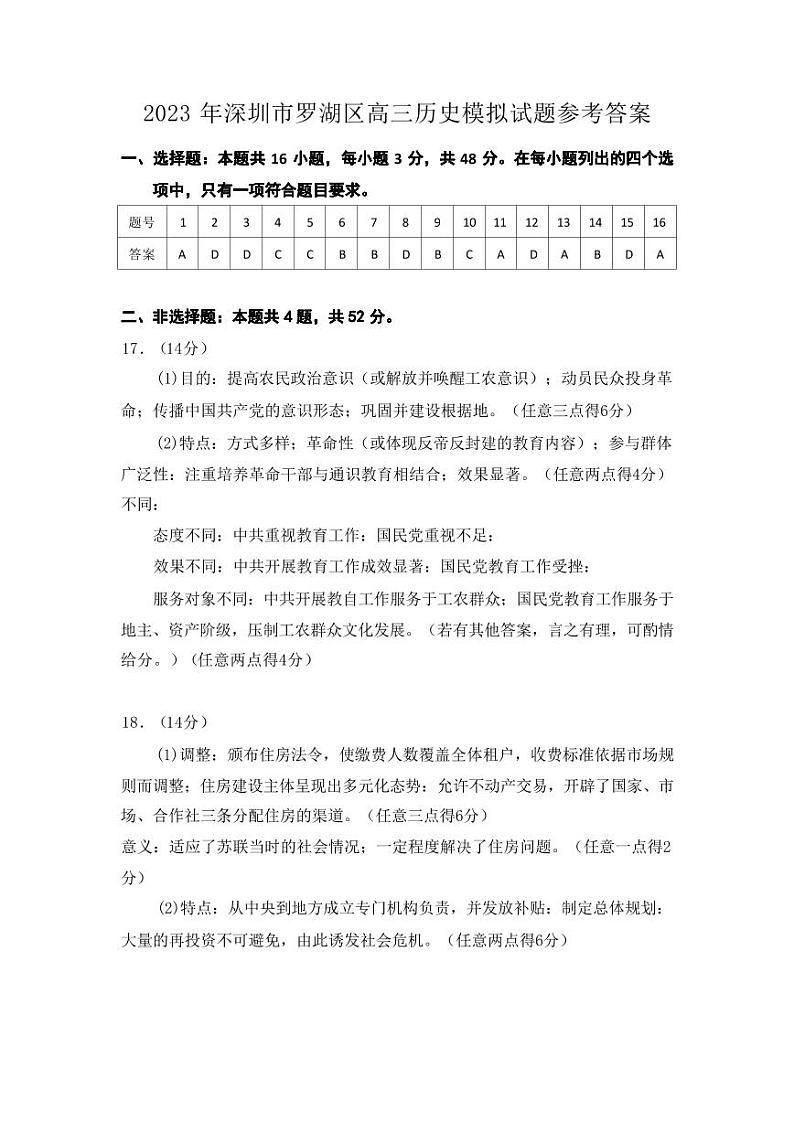 高三历史试题参考答案第1页