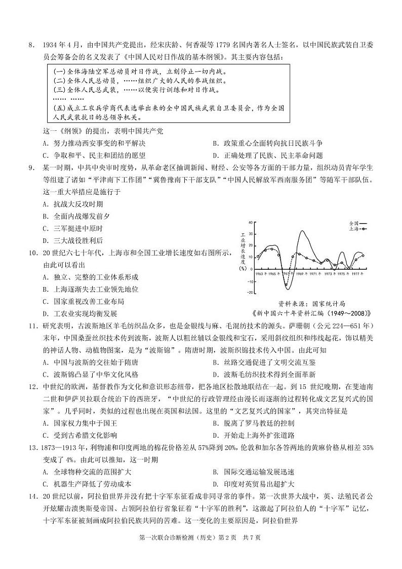 康德2024年重庆市普通高中学业水平选择性考试高三第一次联合诊断检测历史试题第2页
