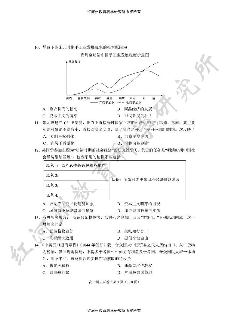 云南省红河哈尼族彝族自治州2023-2024学年高一上学期期末考试历史试题第3页