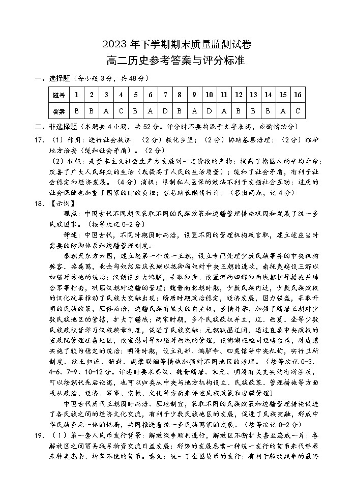 湖南省浏阳市2023-2024学年高二上学期期末考试历史答案第1页