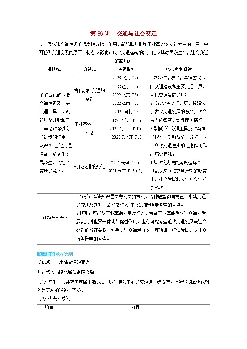 备考2024届高考历史一轮复习讲义第二十四单元交通运输及医疗与公共卫生第59讲交通与社会变迁01