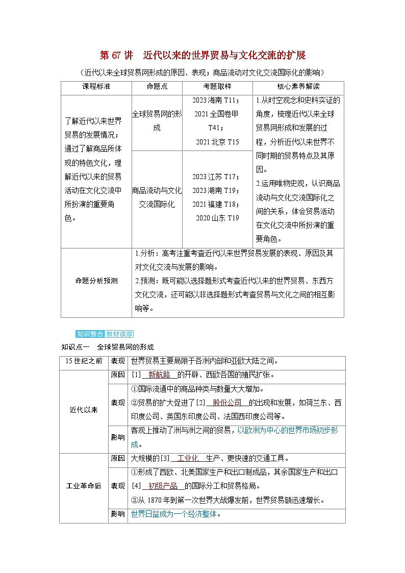 备考2024届高考历史一轮复习讲义第二十七单元商路贸易与文化交流第67讲近代以来的世界贸易与文化交流的扩展第1页