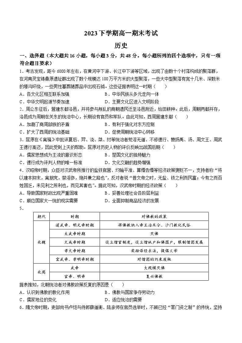 湖南省长沙市长郡中学2023-2024学年高一上学期期末考试历史试卷+01