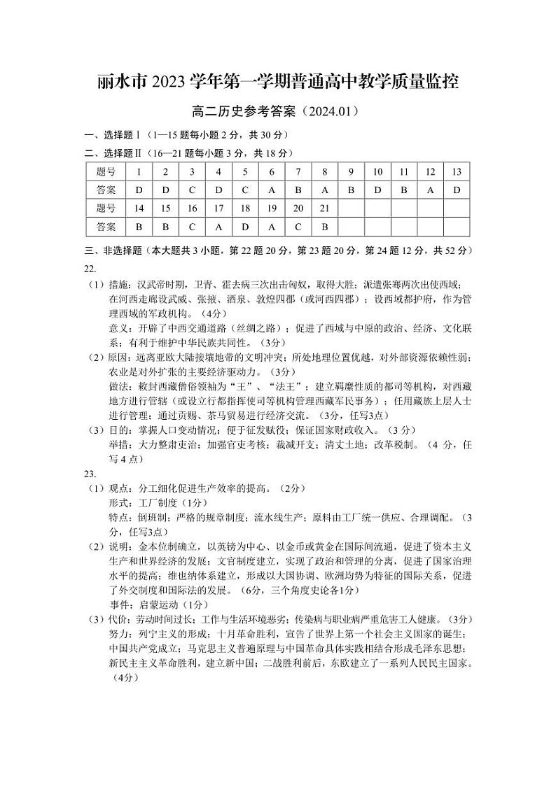 浙江省丽水市2023-2024学年高二上学期1月期末历史答案第1页