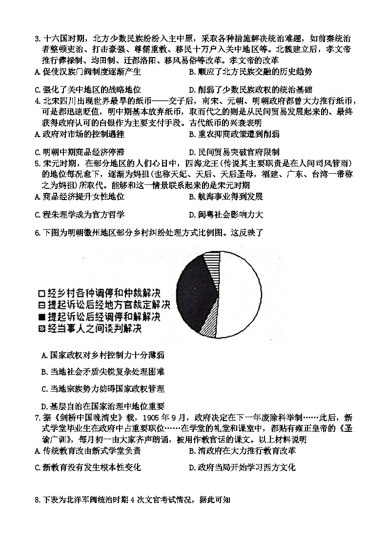 2023-2024学年黑龙江省齐齐哈尔市高二上学期期末考试历史试题含答案02