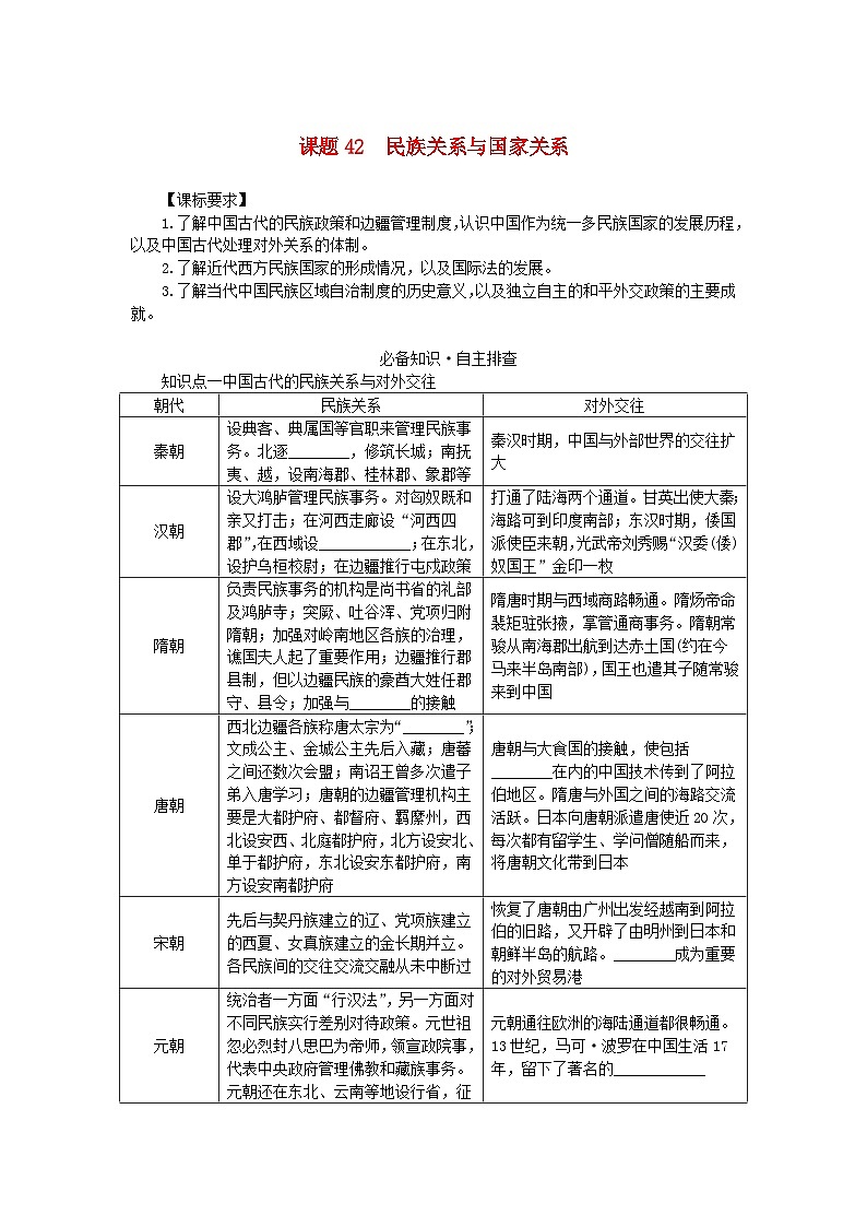 2024版新教材高考历史全程一轮总复习第四编选择性必修第十三单元国家制度与社会治理课题42民族关系与国家关系学生用书01