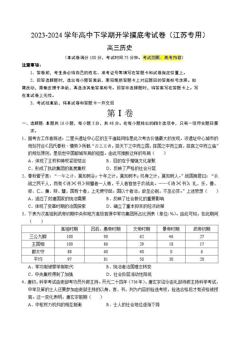 【开学摸底考】高三历史(江苏专用)-2023-2024学年高中下学期开学摸底考试卷.zip01