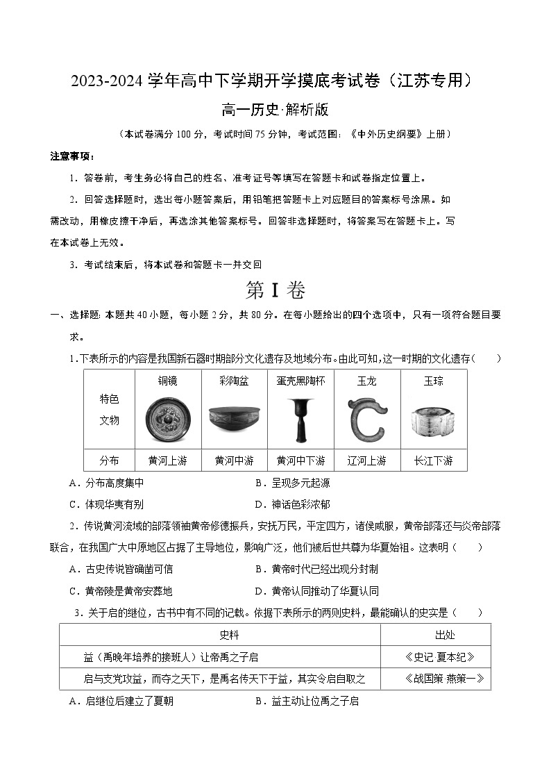 【开学摸底考】高一历史（江苏专用）-2023-2024学年高中下学期开学摸底考试卷.zip01