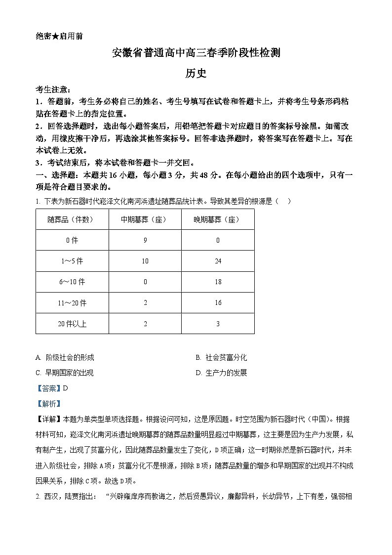 138,安徽省部分学校2023-2024学年高三下学期春季阶段性检测历史试题第1页