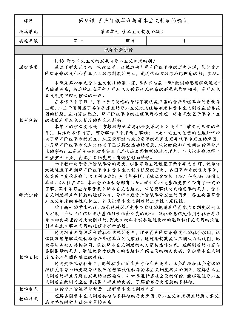 第9课资产阶级革命与资本主义制度的确立教学设计--2023-2024学年高一下学期统编版(2019)必修中外历史纲要下第1页