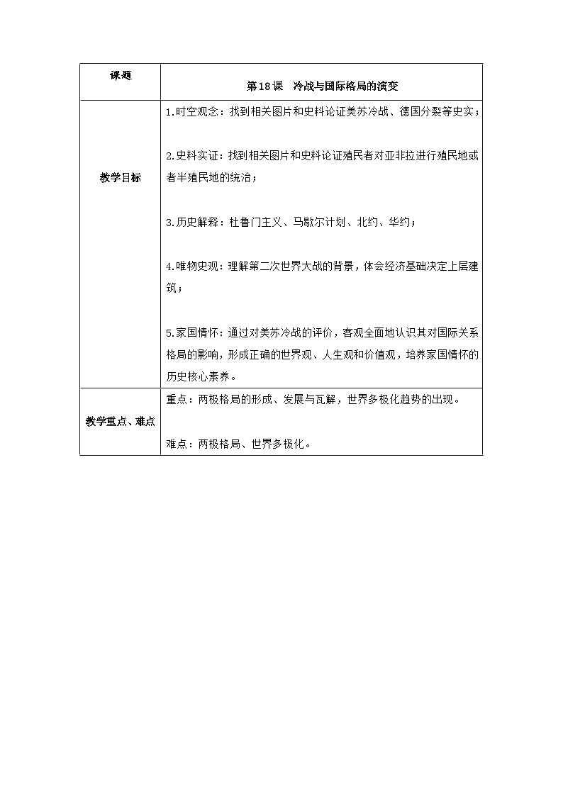 第18课冷战与国际格局的演变教学设计--2023-2024学年高一下学期统编版(2019)必修中外历史纲要下第1页