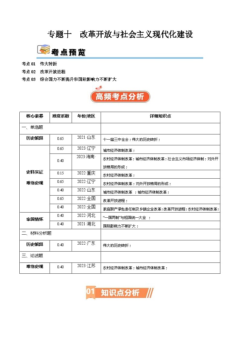 (新高考)高考历史二轮复习高频考点追踪练习专题10 改革开放与社会主义现代化建设时期(解析版)01