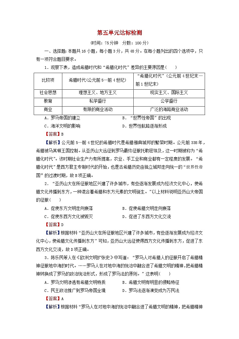 2024春高中历史第五单元战争与文化交锋达标检测试卷(部编版选择性必修3)第1页