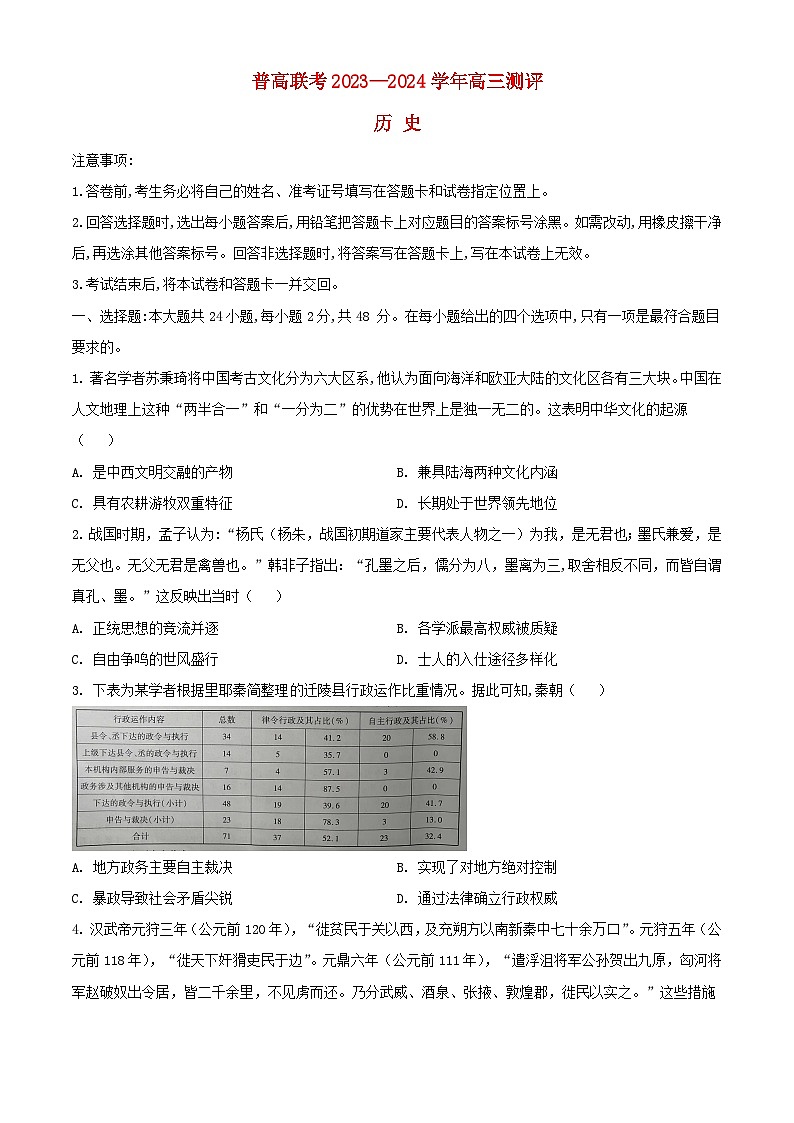 河南省新乡市卫辉市普高联考2024届高三历史上学期9月月考试题含解析第1页