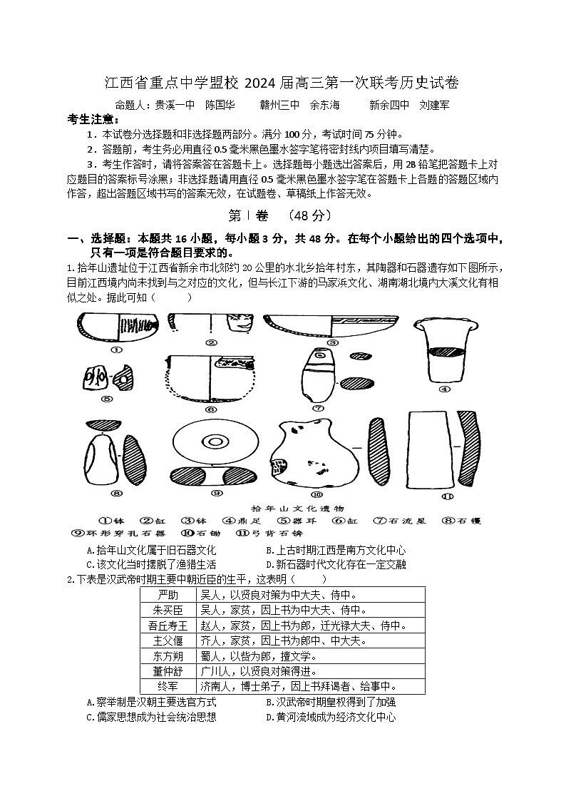 江西省重点中学盟校2024届高三下学期第一次联考历史试题(Word版附解析)01