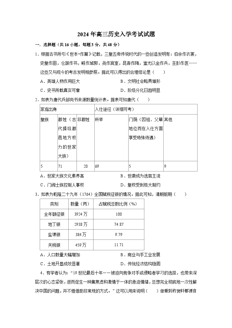 112，湖南省岳阳市岳阳县2023-2024学年高三下学期开学考试历史试题