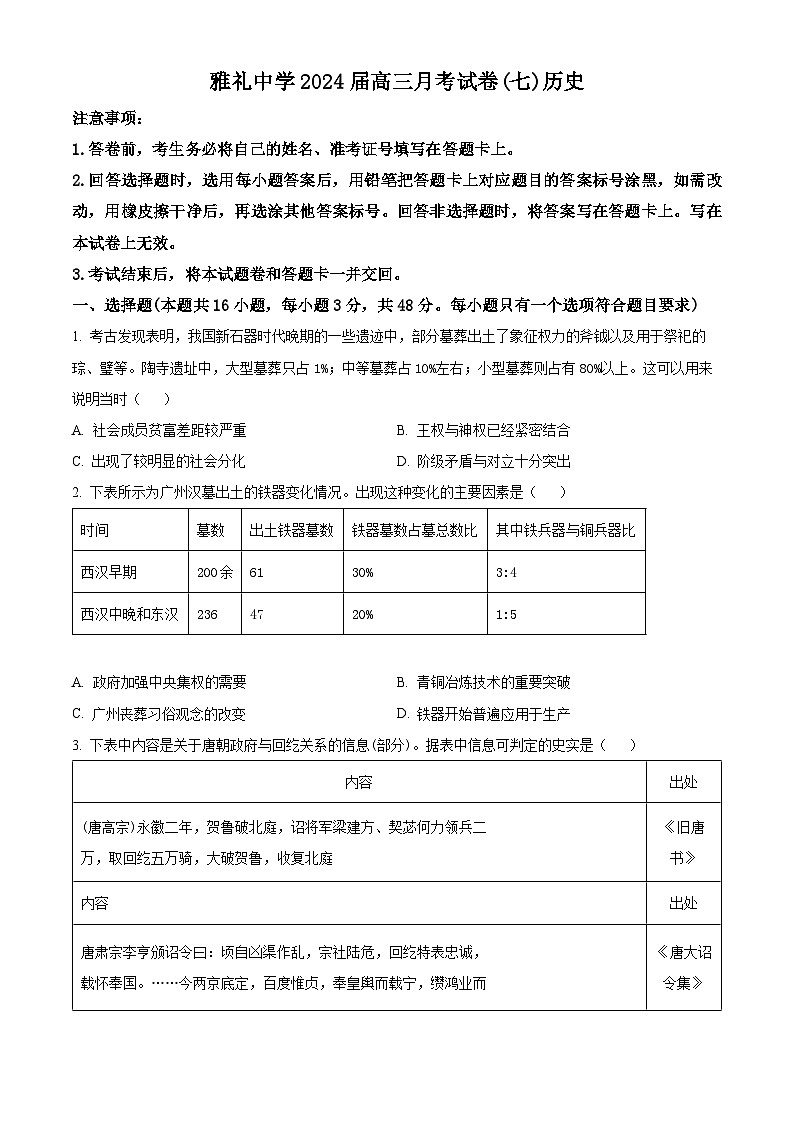 湖南省长沙市雅礼中学2023-2024学年高三下学期月考(七)历史试卷(Word版附解析)01