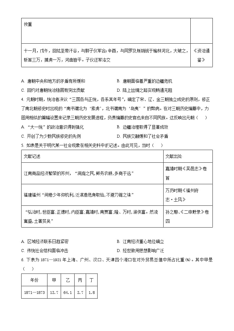 湖南省长沙市雅礼中学2023-2024学年高三下学期月考(七)历史试卷(Word版附解析)02