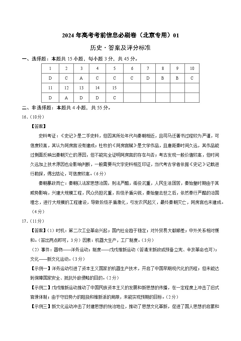 2024年高考历史考前信息必刷卷01(北京专用)(参考答案)第1页