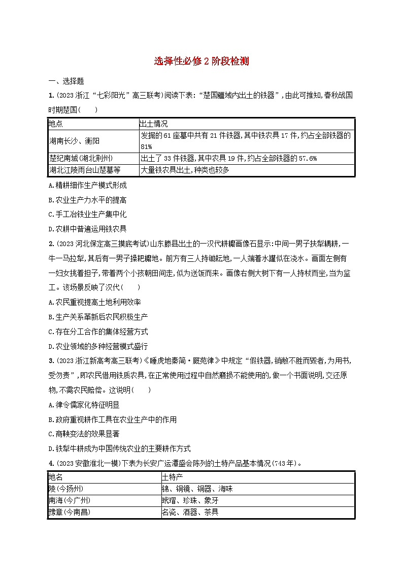 备战2025届高考历史一轮总复习训练题选择性必修2阶段检测第1页