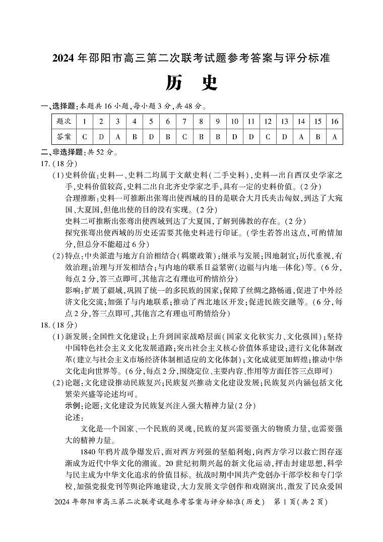 2024邵阳高三下学期第二次联考历史试题PDF版含解析01