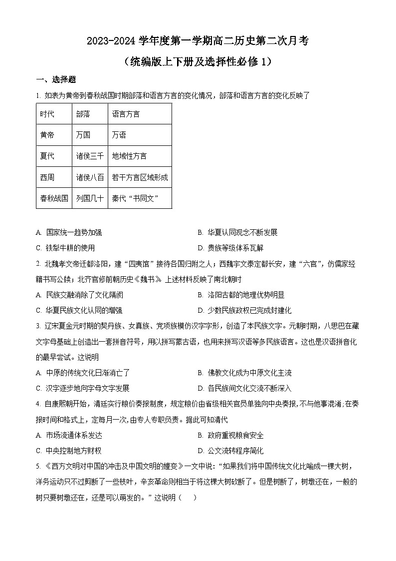 2024省海林朝鲜族中学高二上学期第二次月考试题历史含解析第1页