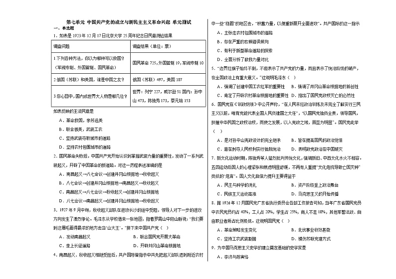 第七单元 中国共产党的成立与新民主主义革命兴起 单元测试(含解析)--2024届高三统编版(2019)必修中外历史纲要上二轮复习第1页