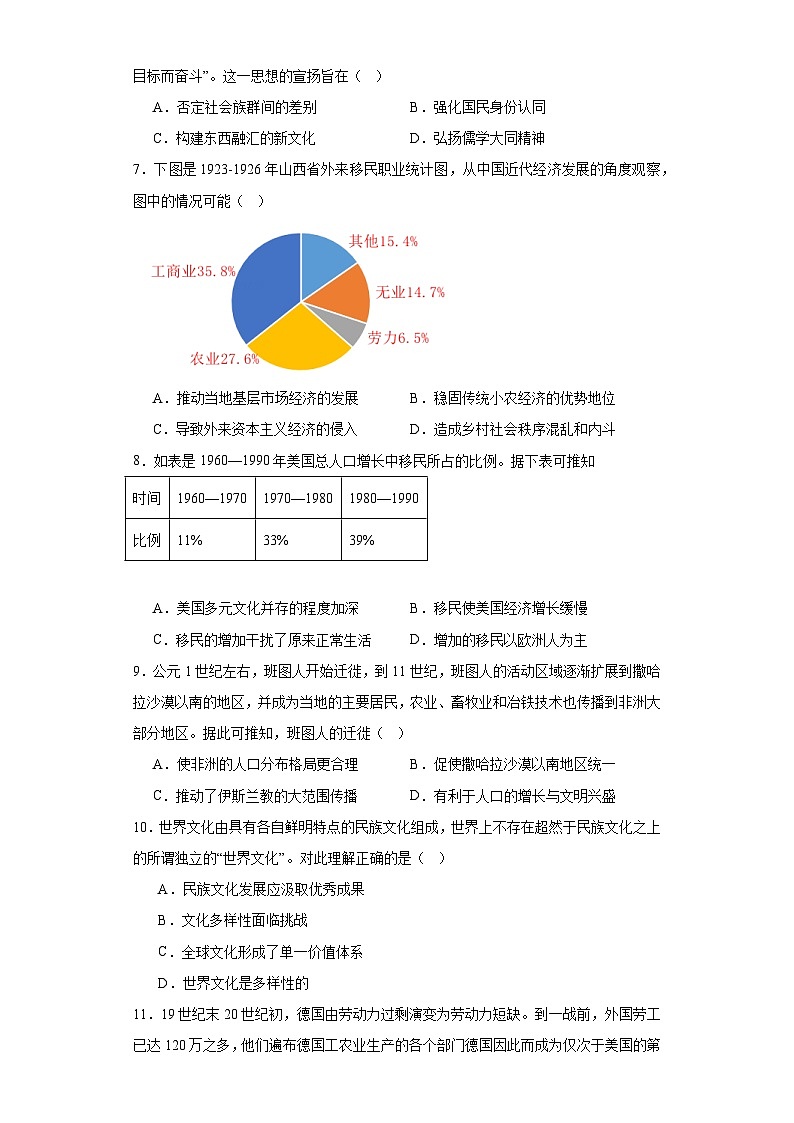 第三单元 人口迁徙、文化交融与认同 检测题(含解析)--2024届高三历史统编版(2019)选择性必修3二轮复习02