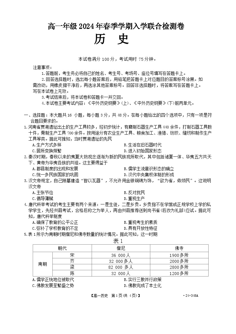 2024广西部分学校高一下学期开学考试历史含答案