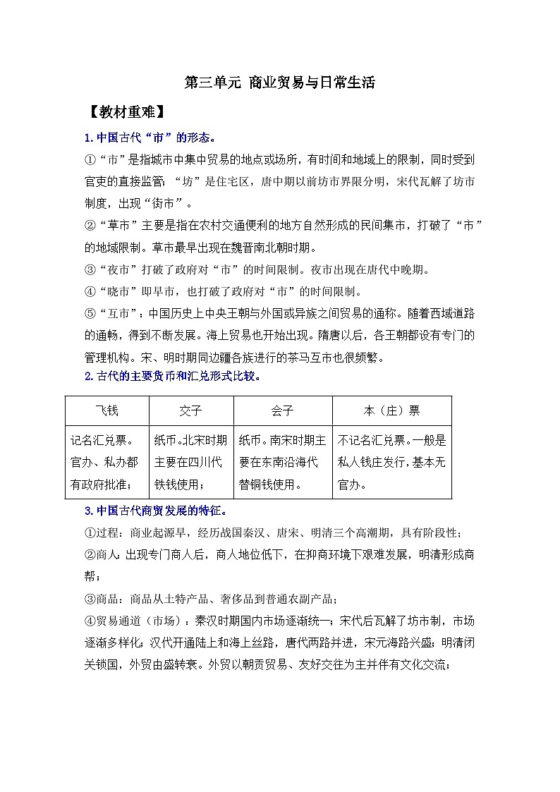 第三单元 商业贸易与日常生活——2024届高考历史二轮复习选择性必修2教材重难与思维训练 学案(含解析)第1页
