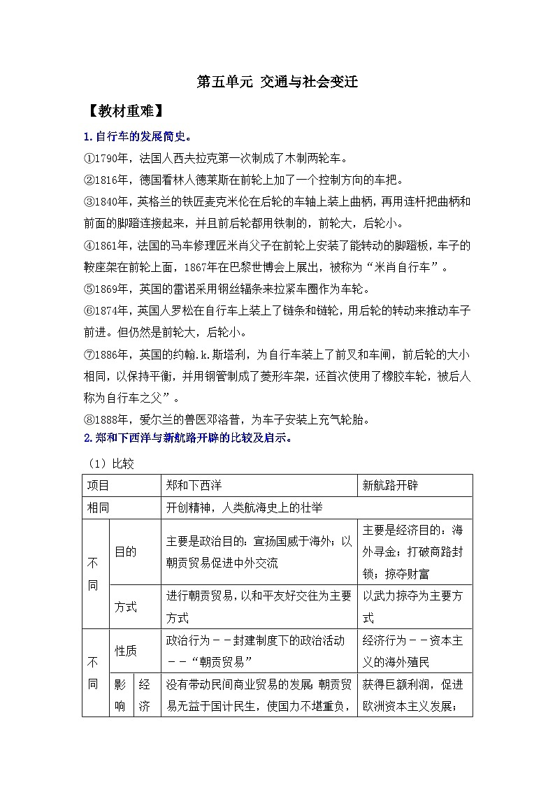 第五单元 交通与社会变迁——2024届高考历史二轮复习选择性必修2教材重难与思维训练 学案(含解析)第1页