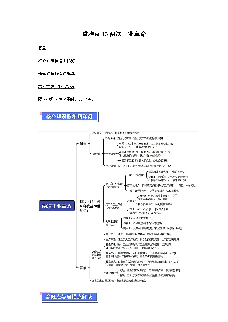 重难点13两次工业革命(含解析)-2024年高考历史【热点重点难点】学案(新高考专用)01