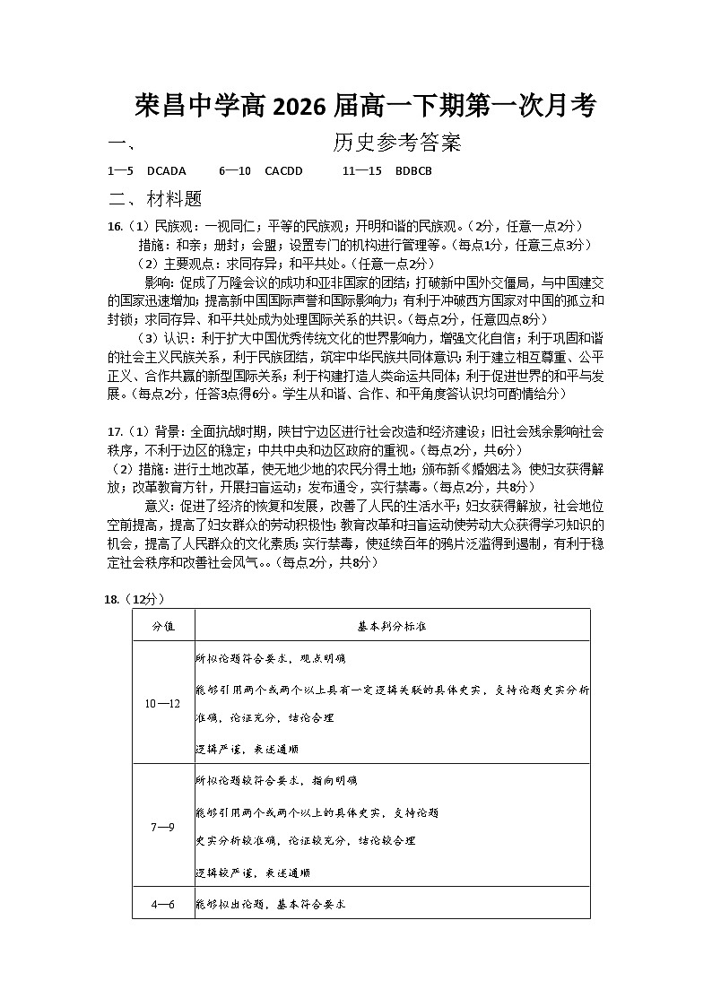 荣昌中学高2026届高一下期第一次月考历史参考答案第1页