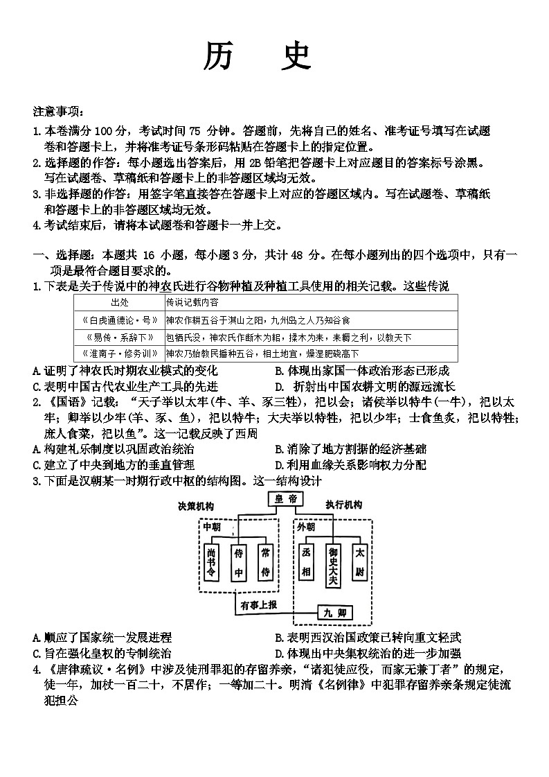 2024届安徽省部分学校高三下学期模拟考试(一模)历史试题01