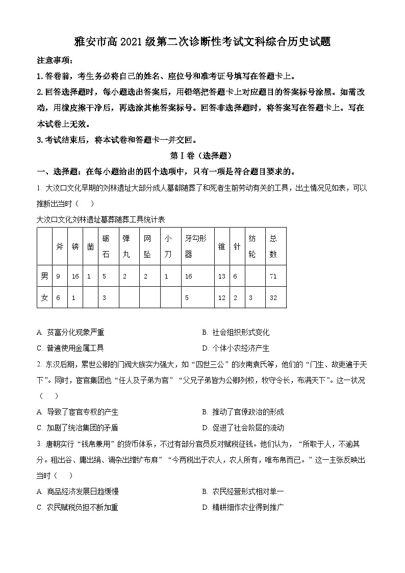 2024届四川省雅安市、遂宁市、眉山市高三下学期第二次诊断性考试文综试题-高中历史（原卷版+解析版）01