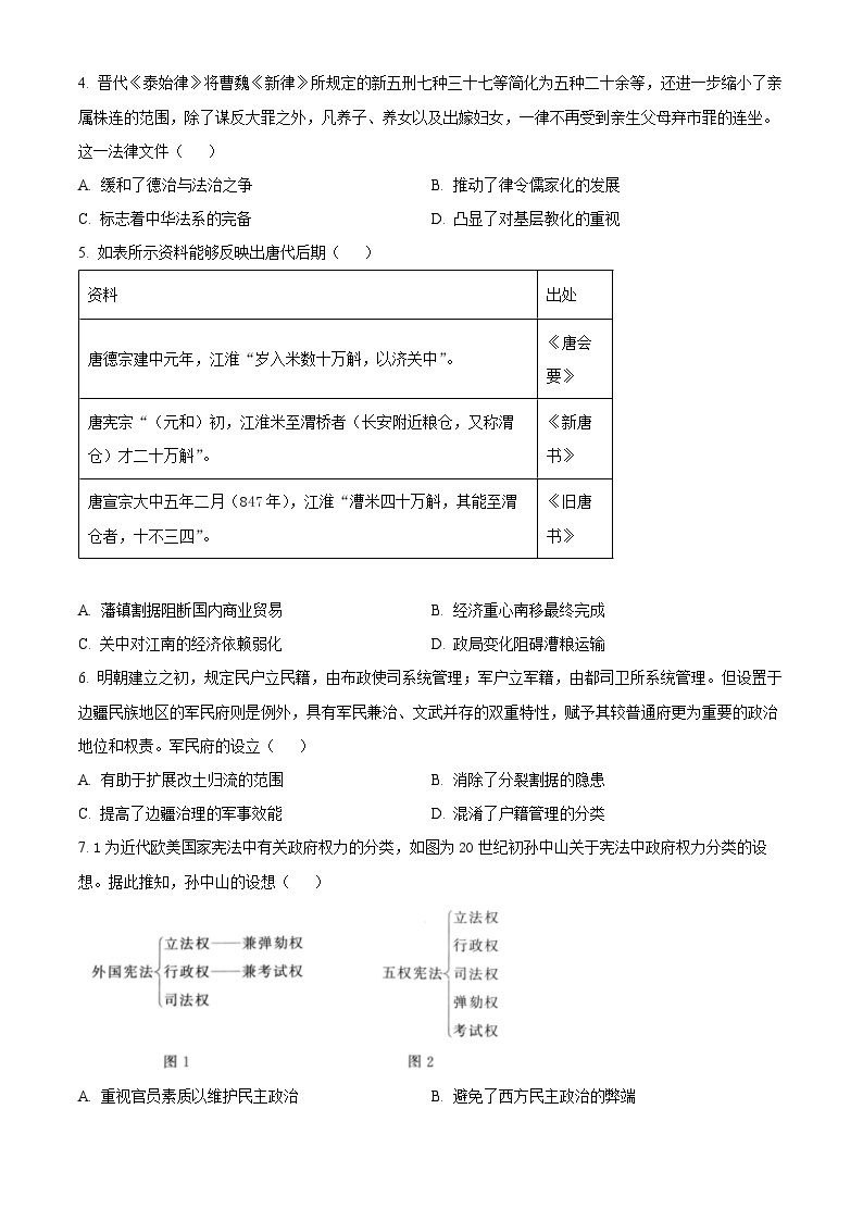 河南省青桐鸣联考2023-2024学年高二下学期3月月考历史试题（原卷版+解析版）02