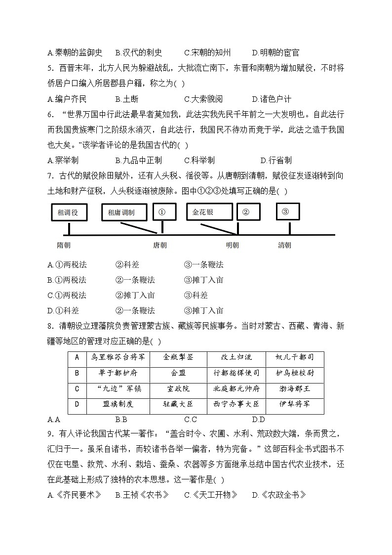 浙江省绍兴市诸暨市2023-2024学年高二上学期期末考试历史试卷(含答案)02