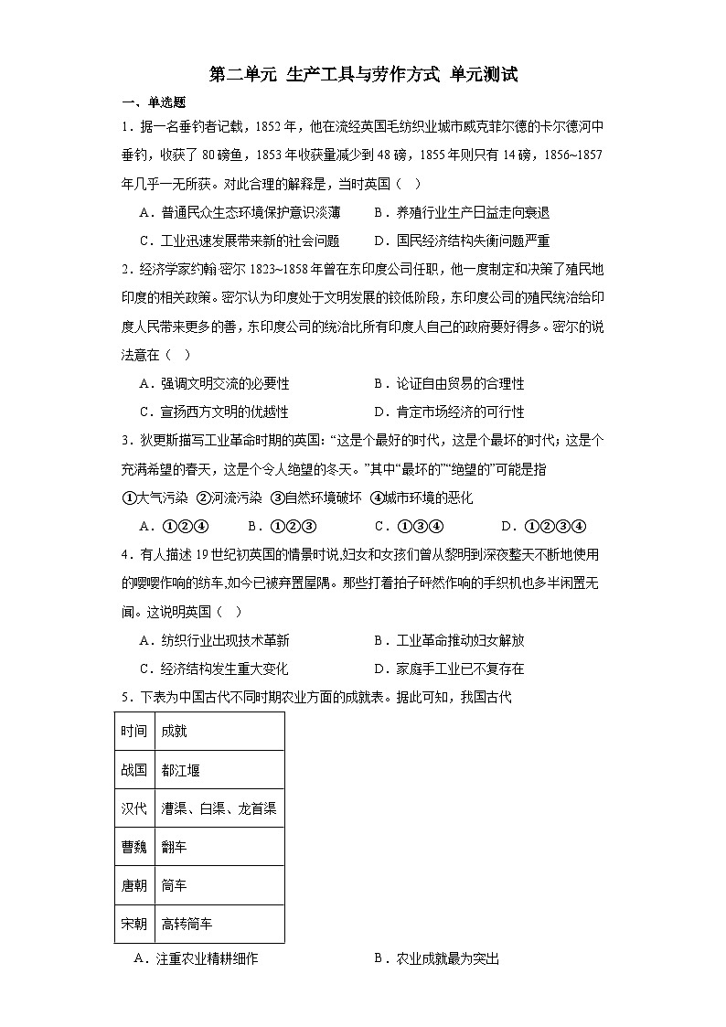 第二单元 生产工具与劳作方式 单元测试(含解析) 2024届高三历史统编版(2019)选择性必修2二轮复习01