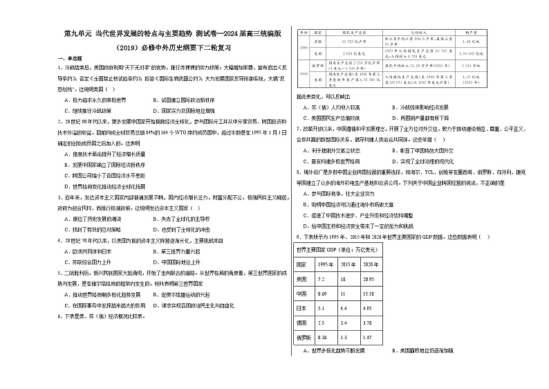 第九单元 当代世界发展的特点与主要趋势 测试卷(含解析)--2024届高三统编版(2019)必修中外历史纲要下二轮复习第1页