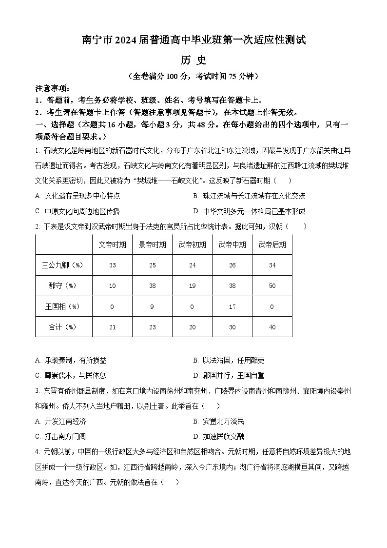 2024南宁高三下学期3月第一次适应性测试（一模）历史含解析01