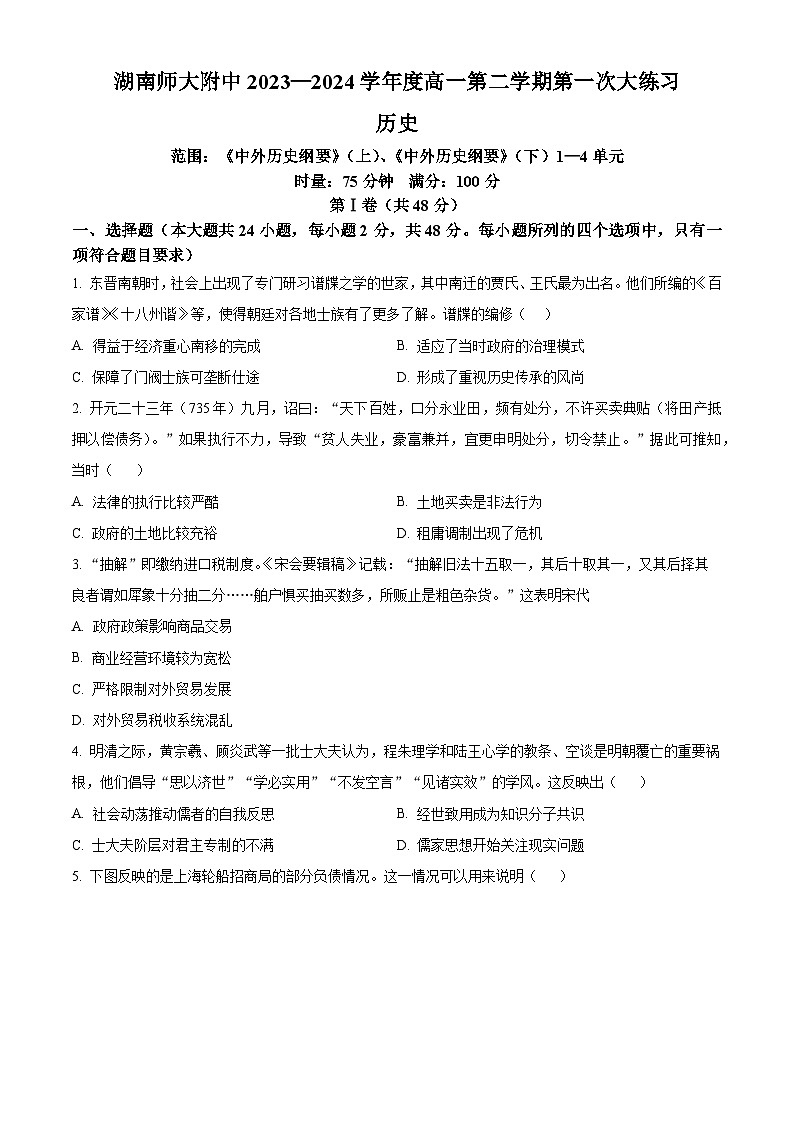 湖南省长沙市师范大学附属中学2023-2024学年高一下学期第一次大练习历史试卷(Word版附解析)01