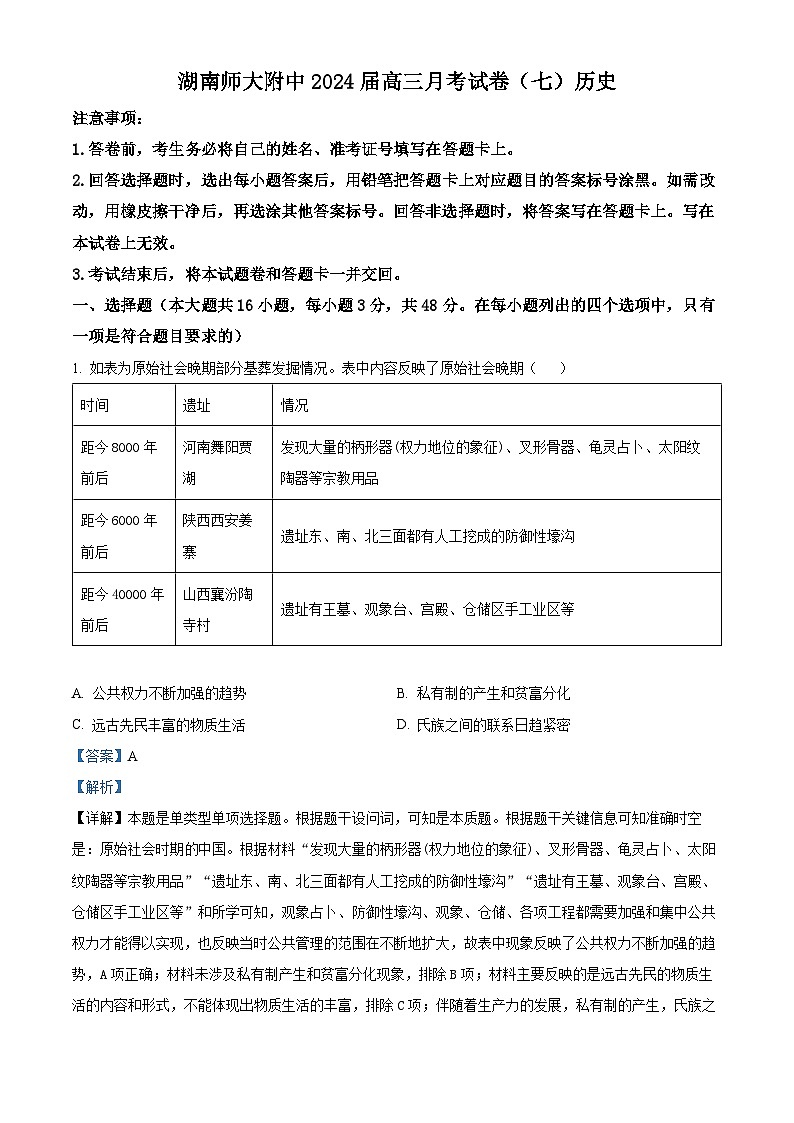 2024长沙师大附中高三下学期月考(七)历史试题含解析01