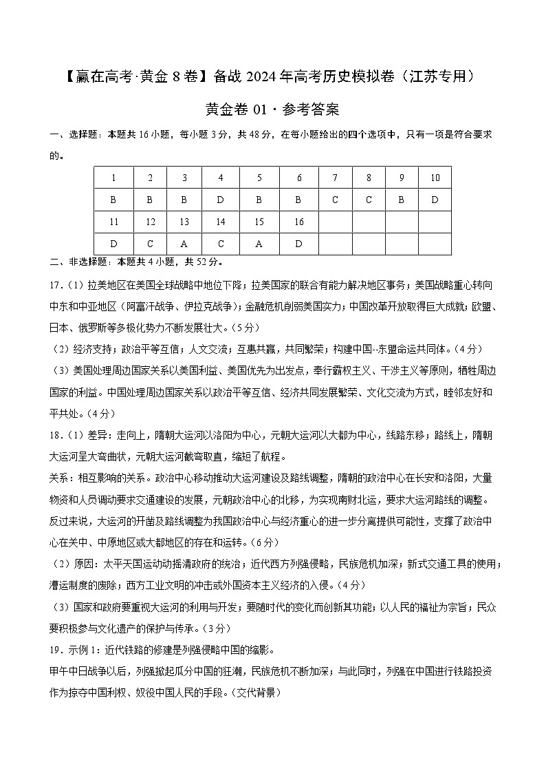 黄金卷01-【赢在高考·黄金8卷】备战2024年高考历史模拟卷(江苏专用)01