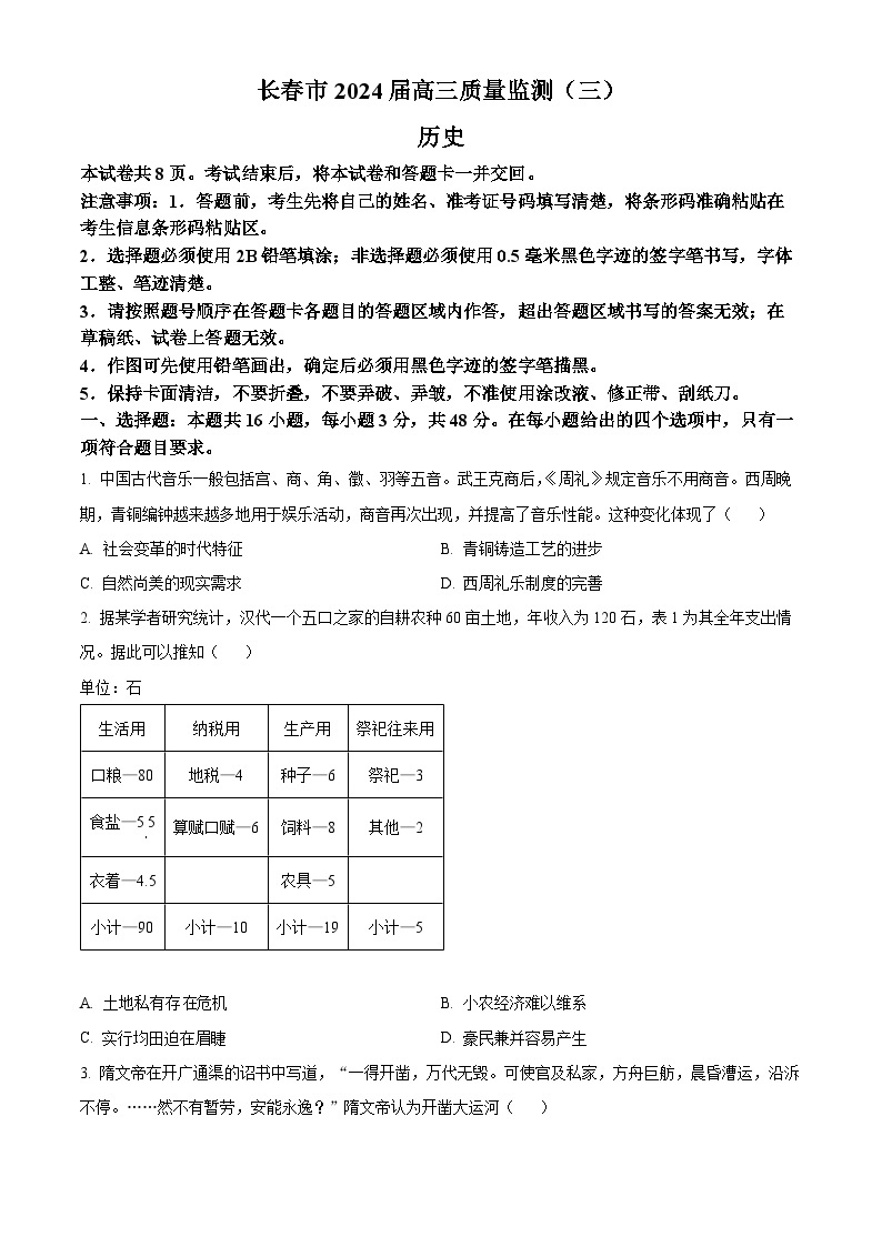 2024届吉林省长春市高三下学期第三次质量监测历史试题（原卷版+解析版）01