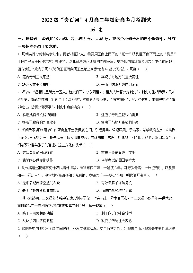 2024广西壮族自治区贵百河联考高二下学期4月月考试题历史含解析01